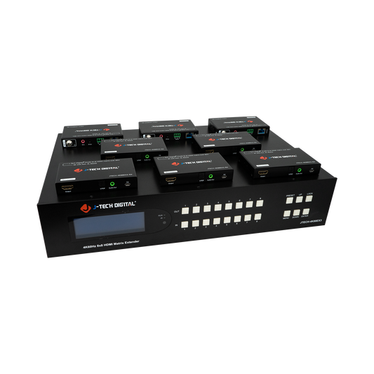 8x8 HDMI matrix extender with 4K 60Hz support and long-distance Ethernet signal extension.