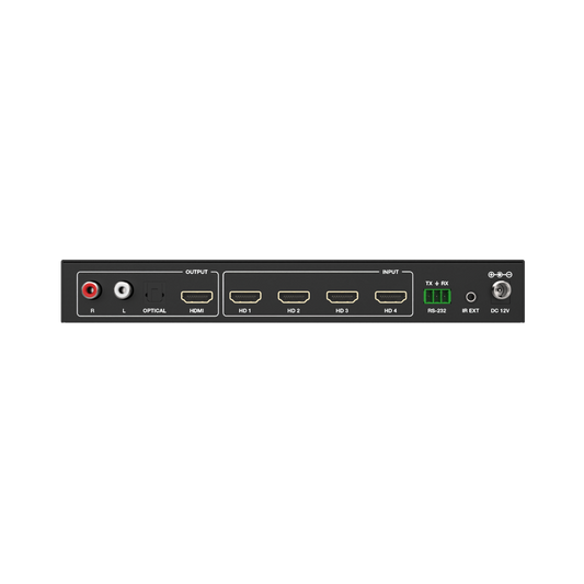 Efficient HDMI switch and multiviewer with 4 HDMI inputs, audio extraction, and customizable display modes, ideal for multi-device setups in presentations.