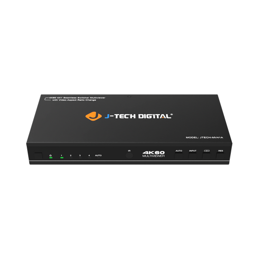 4K HDMI switch and multiviewer with 4 inputs and 4 outputs, supporting multiple viewing modes and seamless switching for efficient device management.
