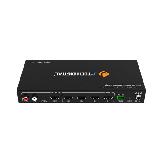 HDMI switch and multiviewer for 4 HDMI sources, featuring 8 display modes, audio extraction, and easy control options like IR remote and RS232 software.