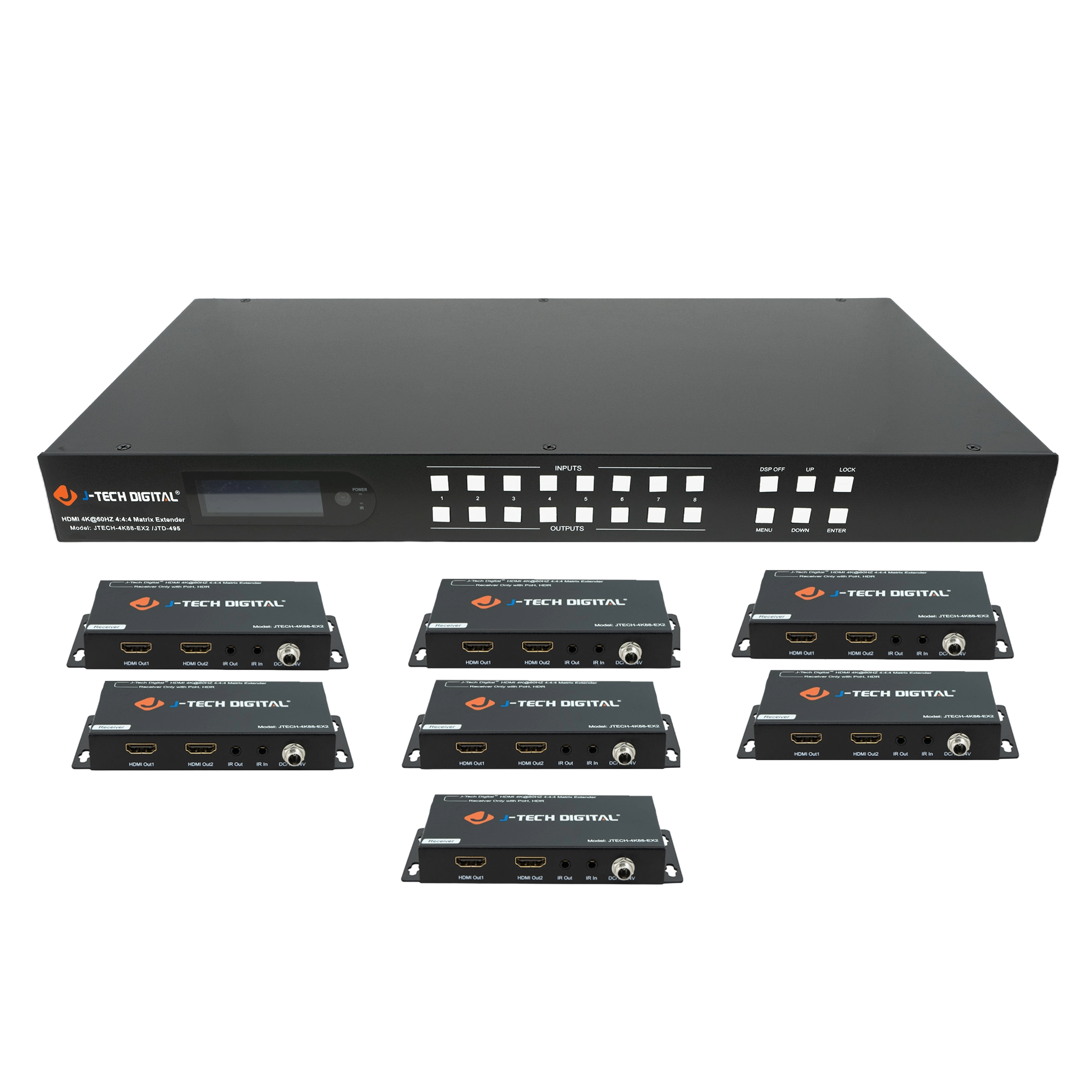 4K 8x8 HDBaseT HDMI matrix extender with 4K resolution support.