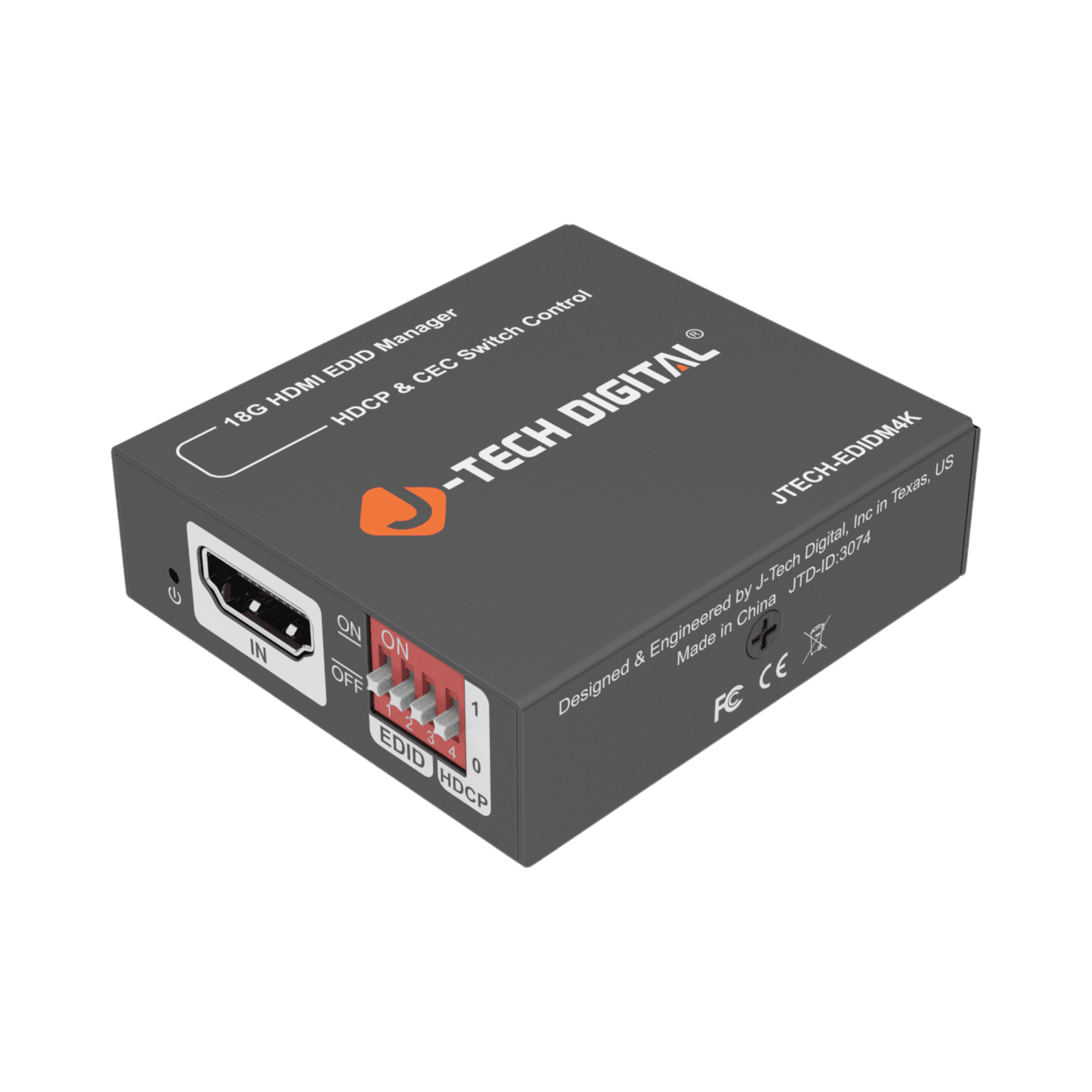 jtd-3074 4K 60Hz HDMI EDID Emulator with HDCP Management and CEC Support side angle showing hdmi port and edid dip switch