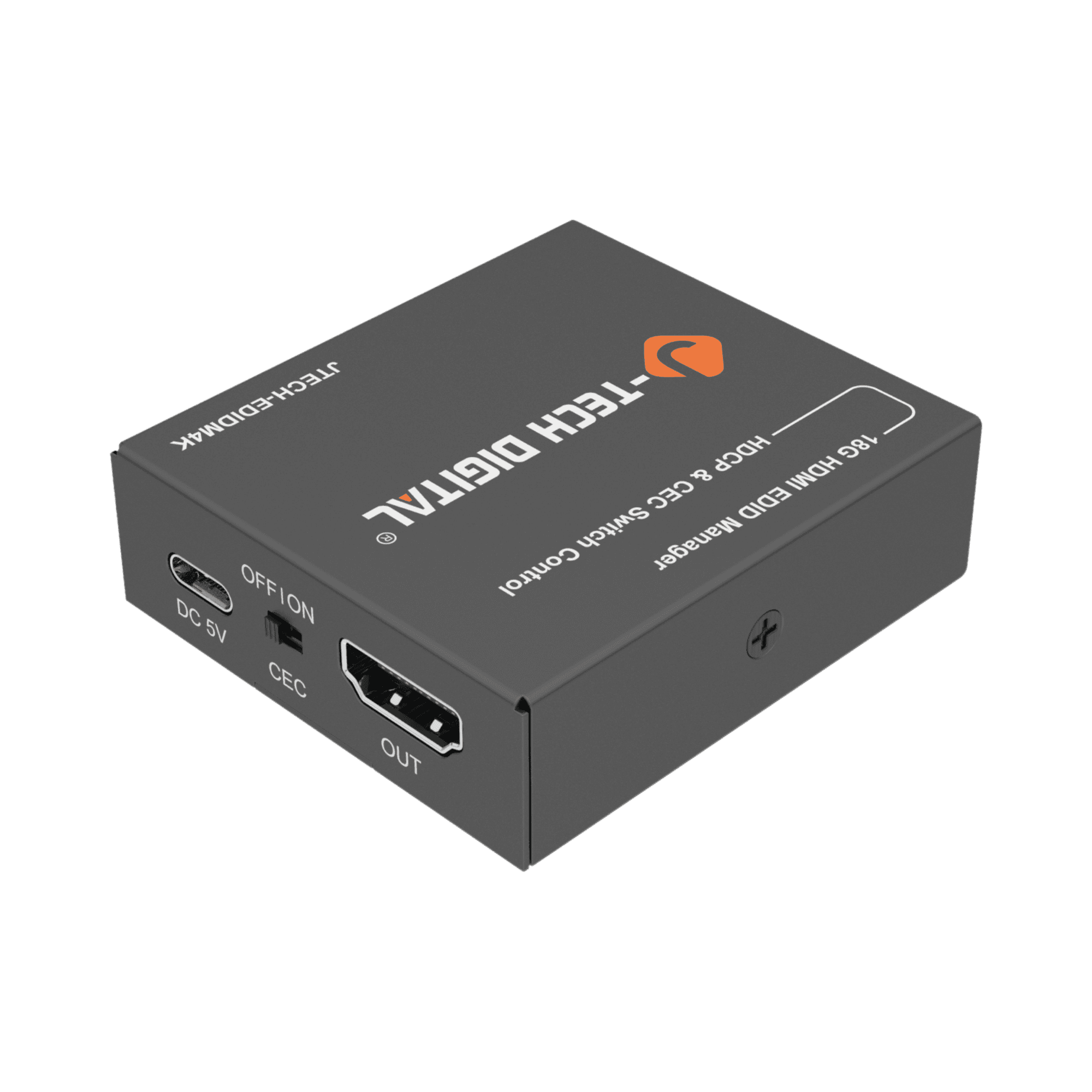 jtd-3074 4K 60Hz HDMI EDID Emulator with HDCP Management and CEC Support side angle showing usb c power hdmi out port