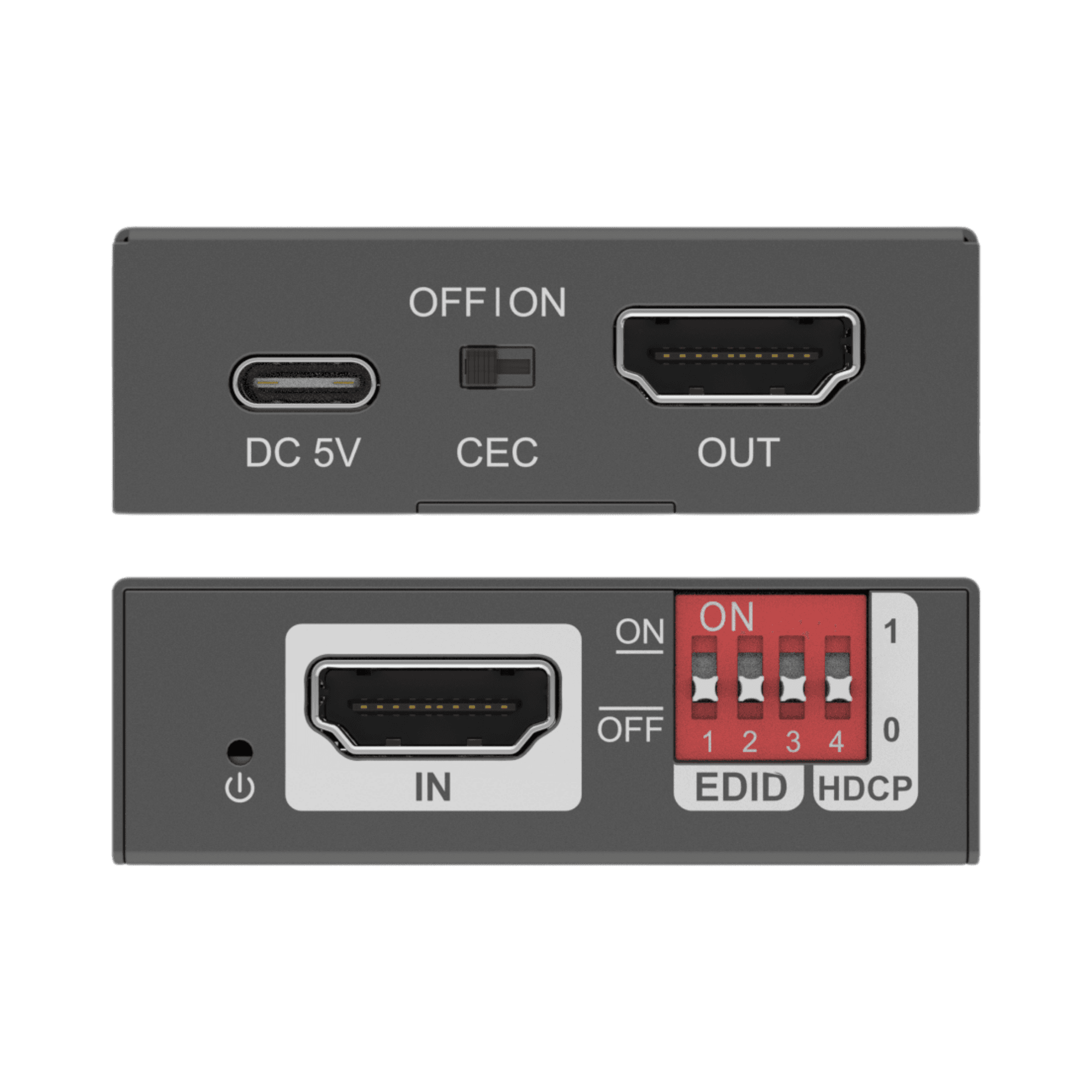 jtd-3074 4K 60Hz HDMI EDID Emulator with HDCP Management and CEC Support ports overview showing hdmi input and output, edid dip switch, and usb-c power port