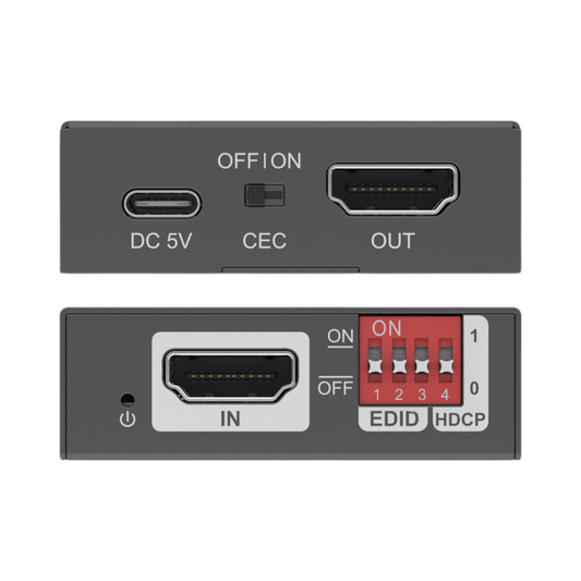 jtd-3074 4K 60Hz HDMI EDID Emulator with HDCP Management and CEC Support ports overview showing hdmi input and output, edid dip switch, and usb-c power port