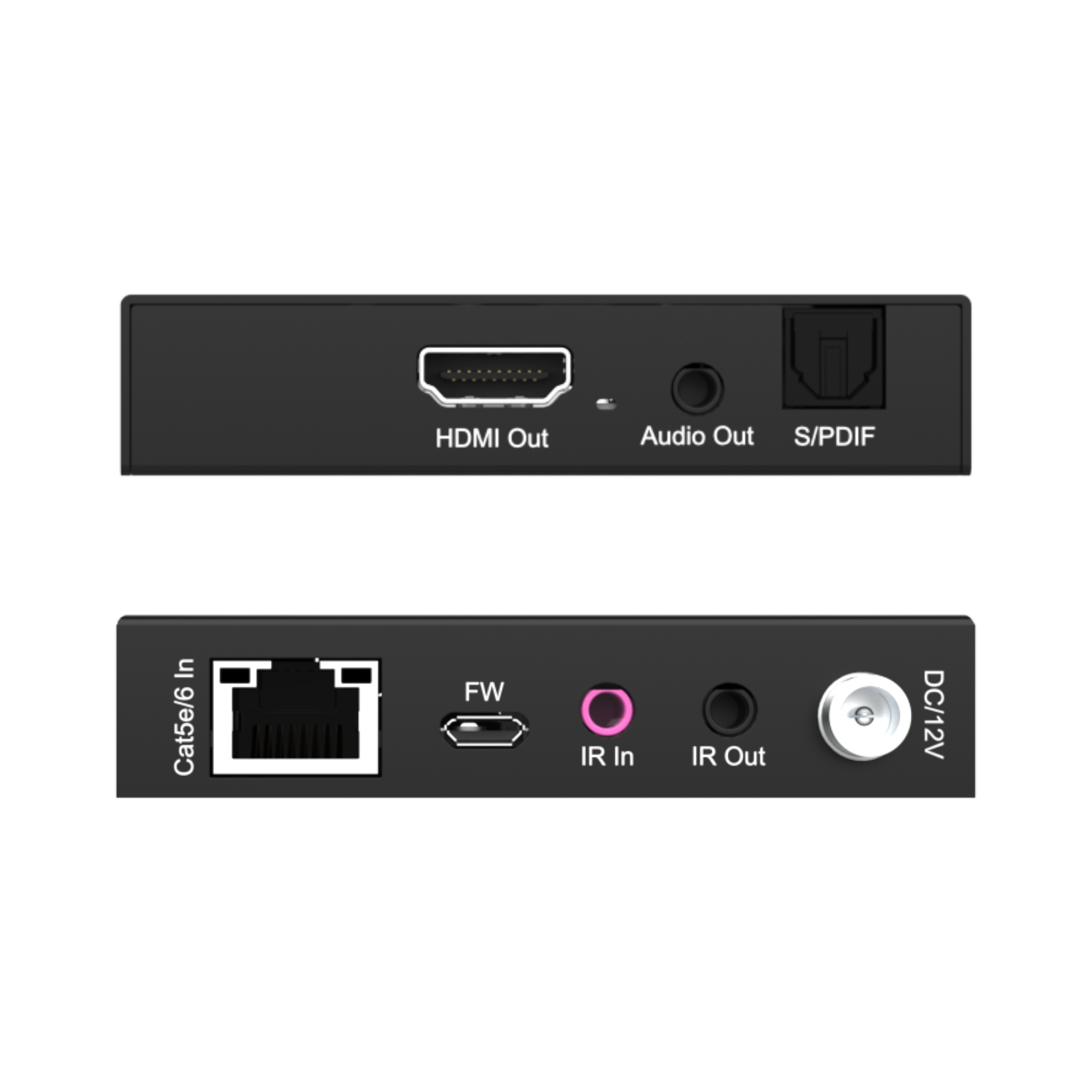 Back view of a electronic device with various ports on a white background