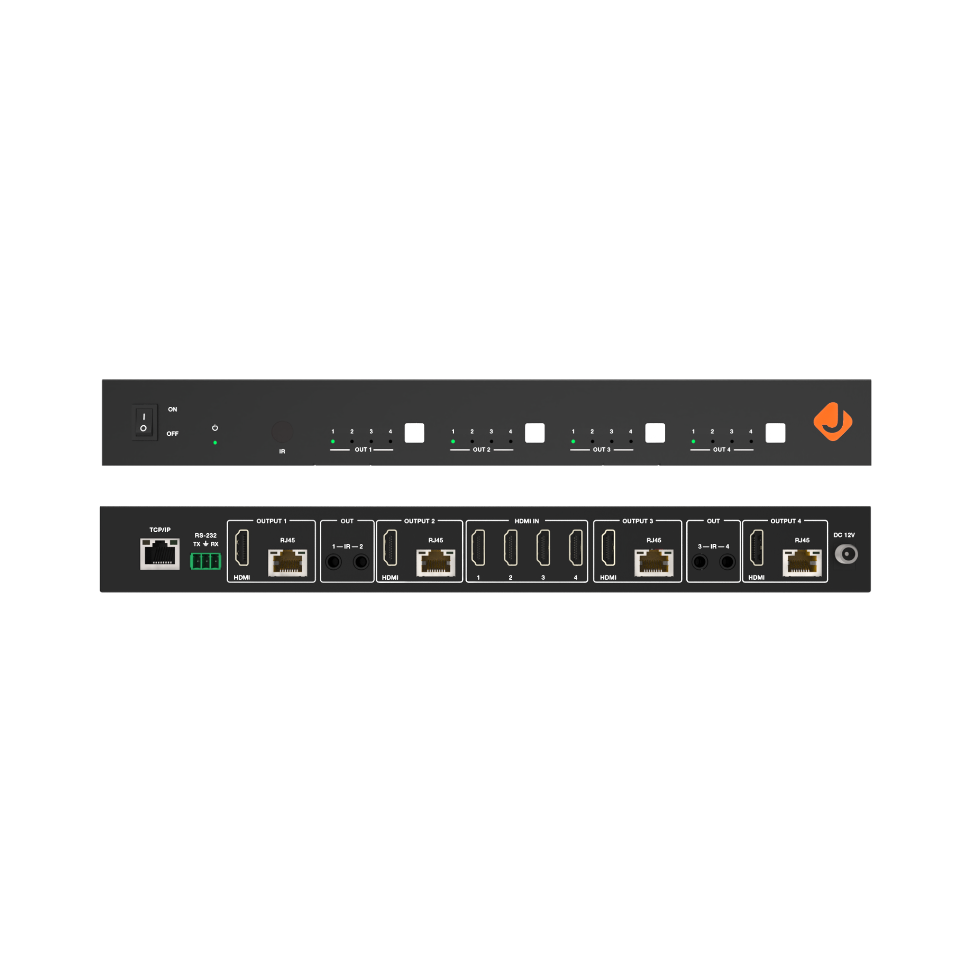 Long-range 4x4 HDMI matrix extender with power over cable.
