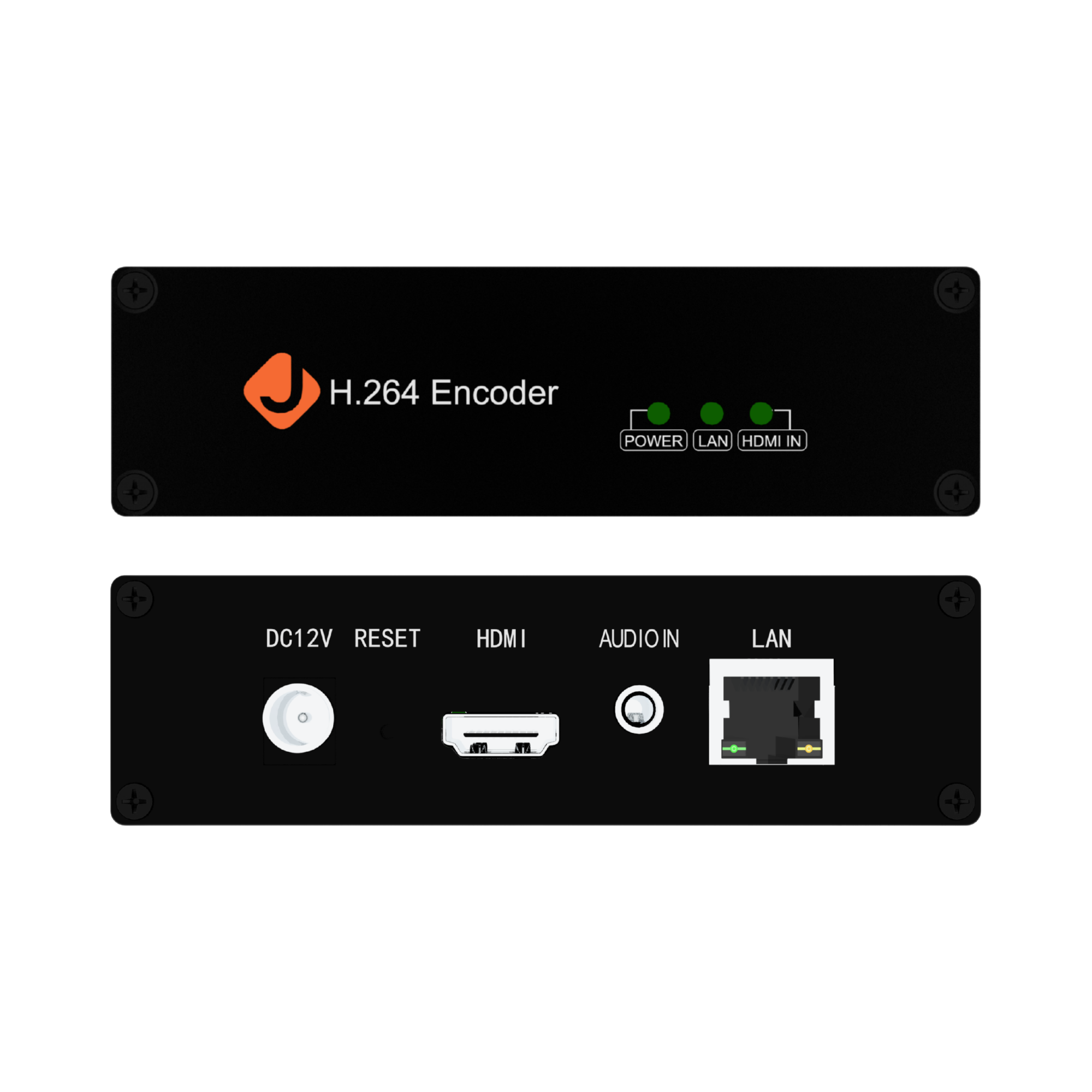 H.264 Encoder with power, LAN, HDMI, and audio inputs on a white background
