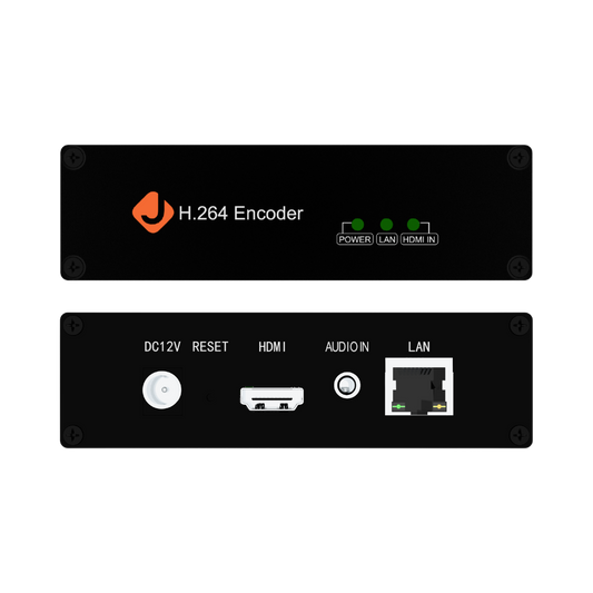 H.264 Encoder with power, LAN, HDMI, and audio inputs on a white background