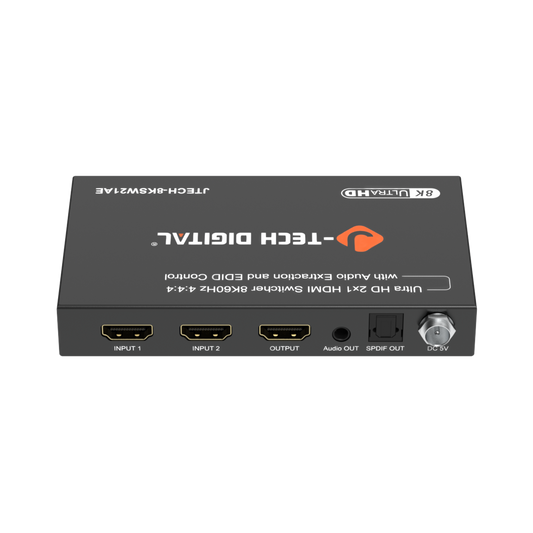 HDMI switcher with Tech Digital logo on a white background - 2x1 hdmi switch 8k 4k 1080p 240hz