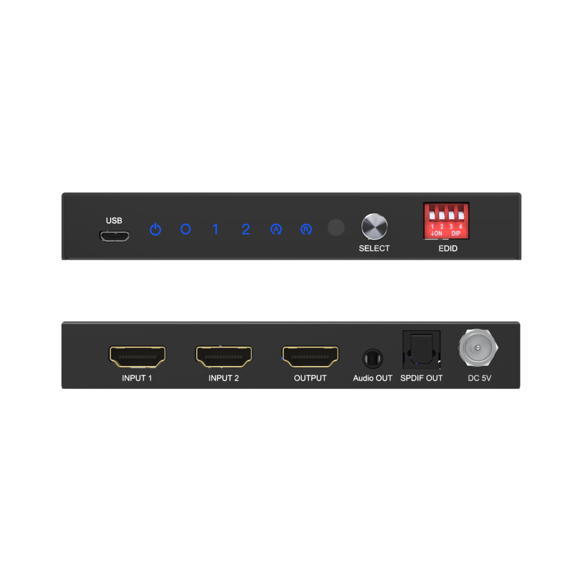 8k HDMI switcher with multiple ports front and back view