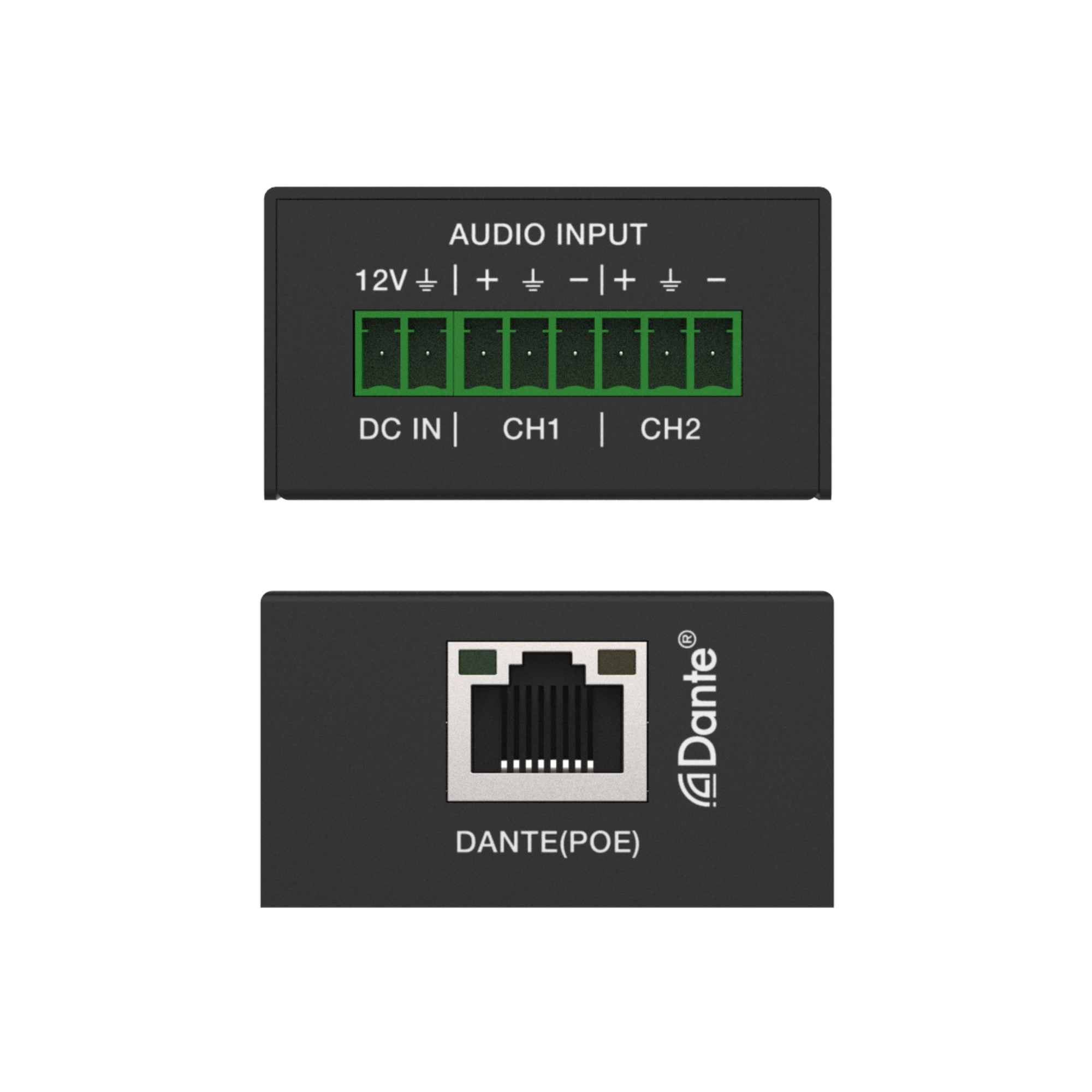 Two electronic modules with audio input and Dante connectivity on a white background