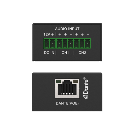 Two electronic modules with audio input and Dante connectivity on a white background
