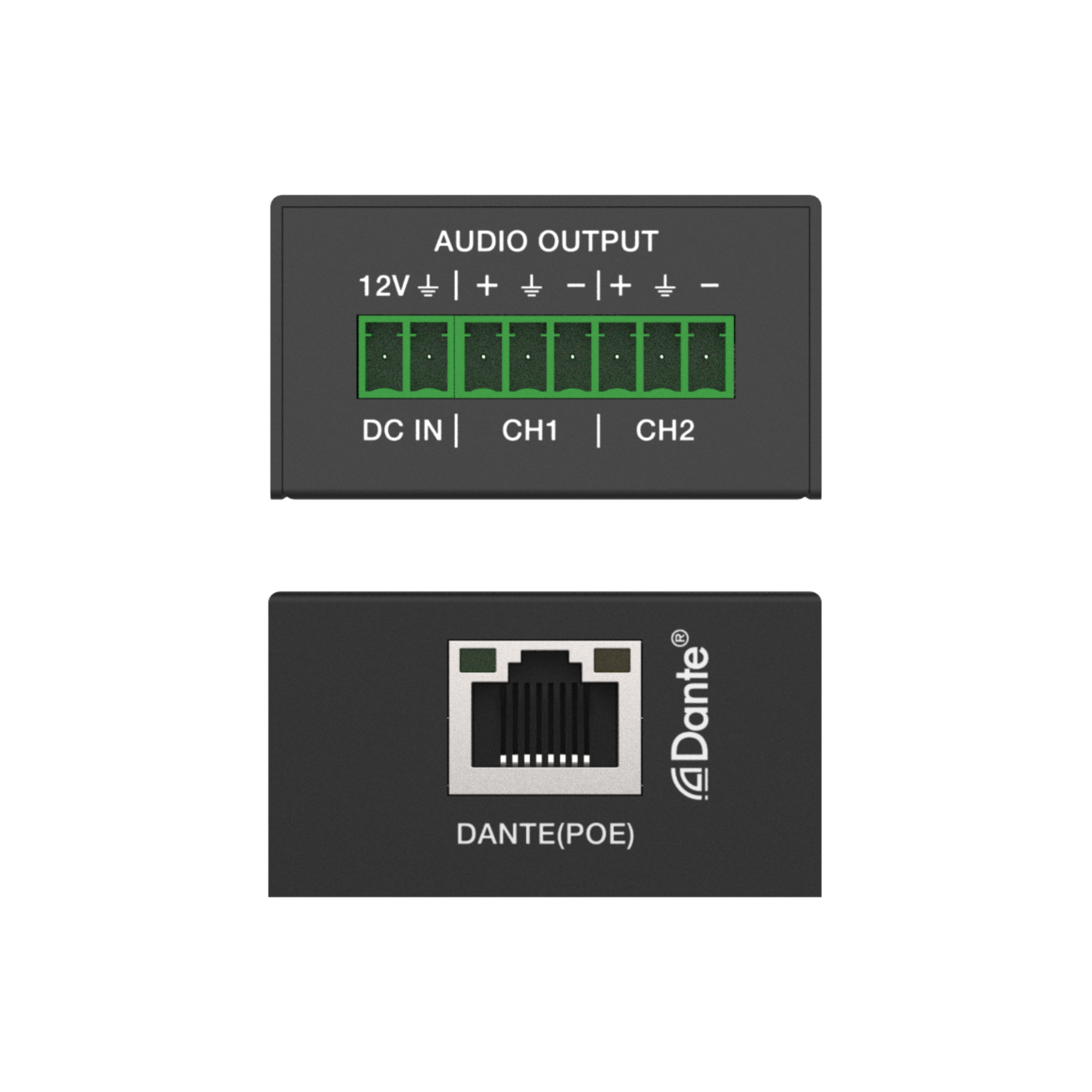 Two electronic components with audio output and Dante labels on a white background