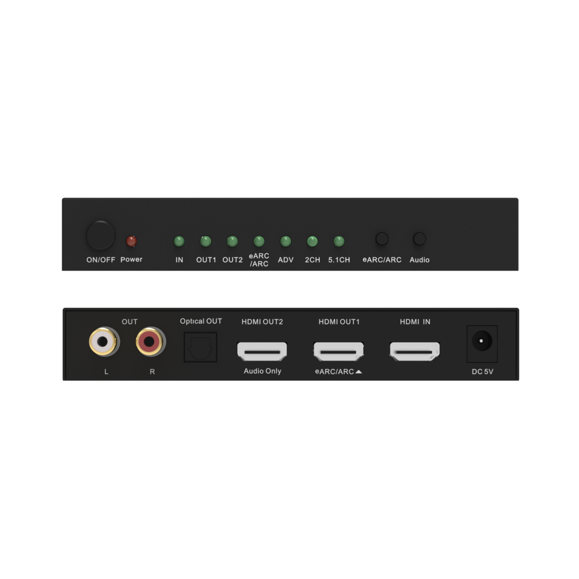 front and back overview of the J-Tech Digital 4K hdmi audio extractor