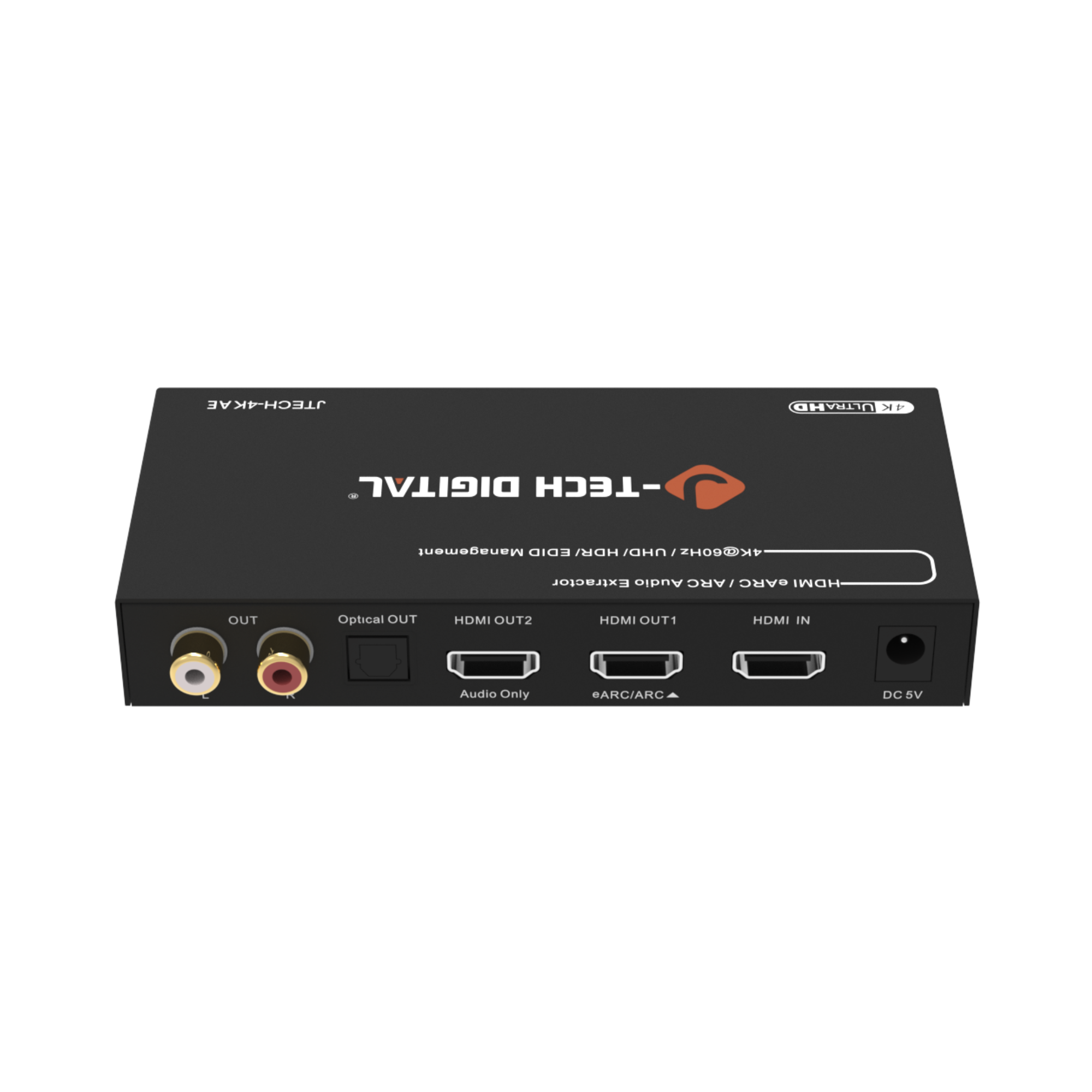 J-Tech digital 4K hdmi audio extractor back ports showing RCA Optical and HDMI audio output along with HDMI input