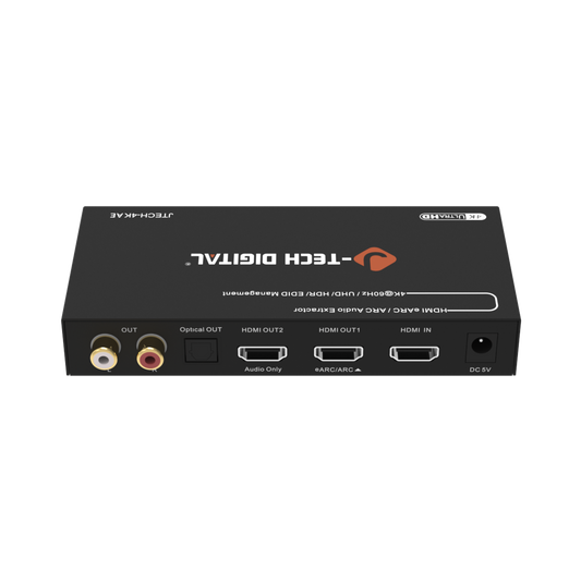 J-Tech digital 4K hdmi audio extractor back ports showing RCA Optical and HDMI audio output along with HDMI input
