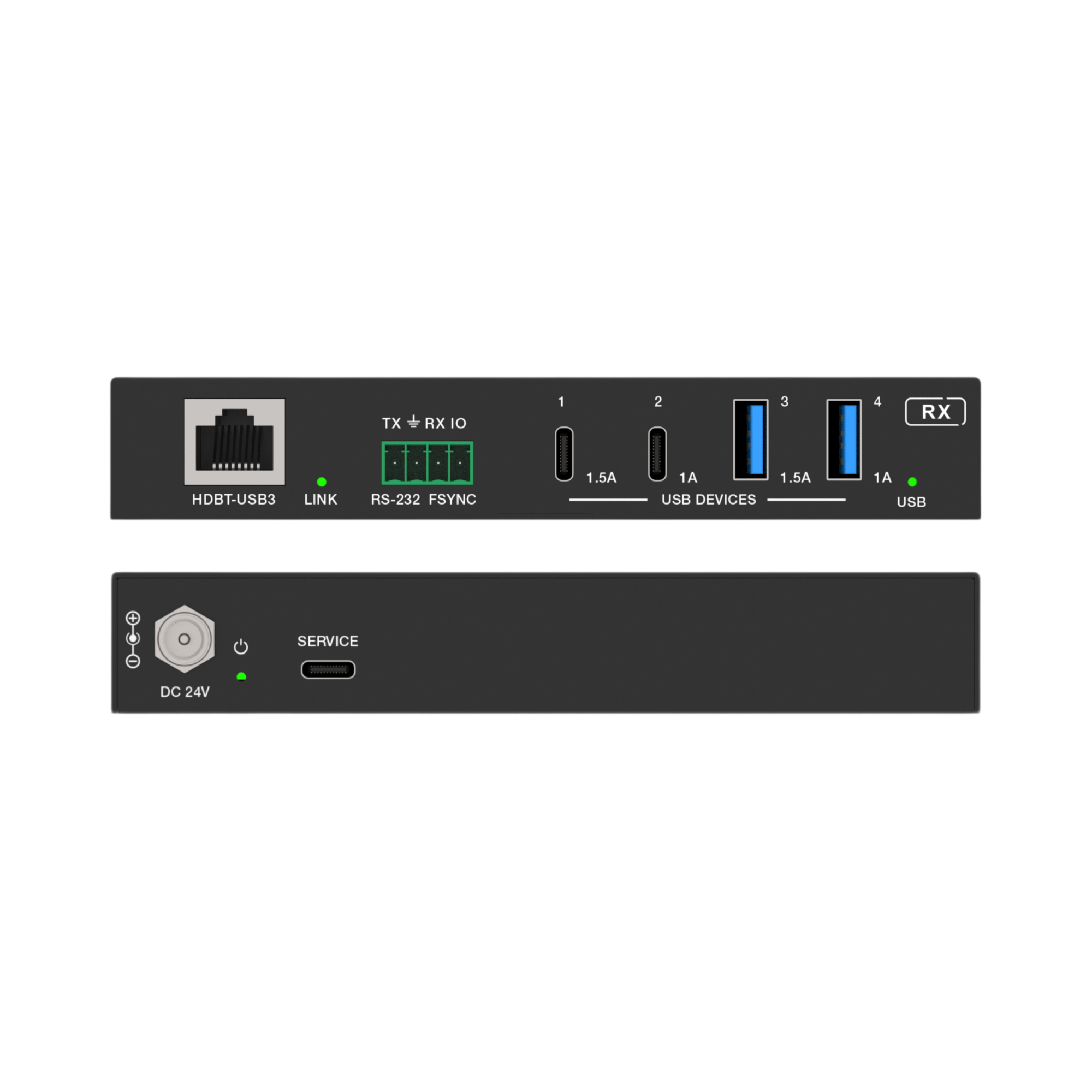 J-Tech Digital USB 3.2 extender over CAT 328 feet receiver front and back ports overview