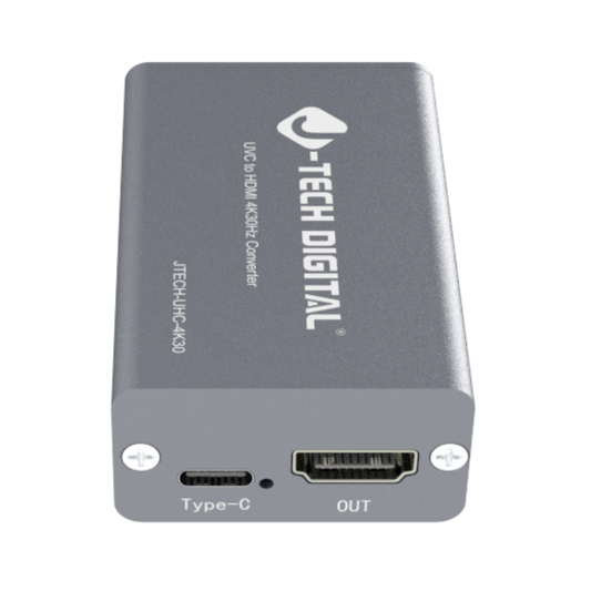 J-Tech Digital UVC to HDMI Converter Adapter showing USB type-c power port and HDMI out port