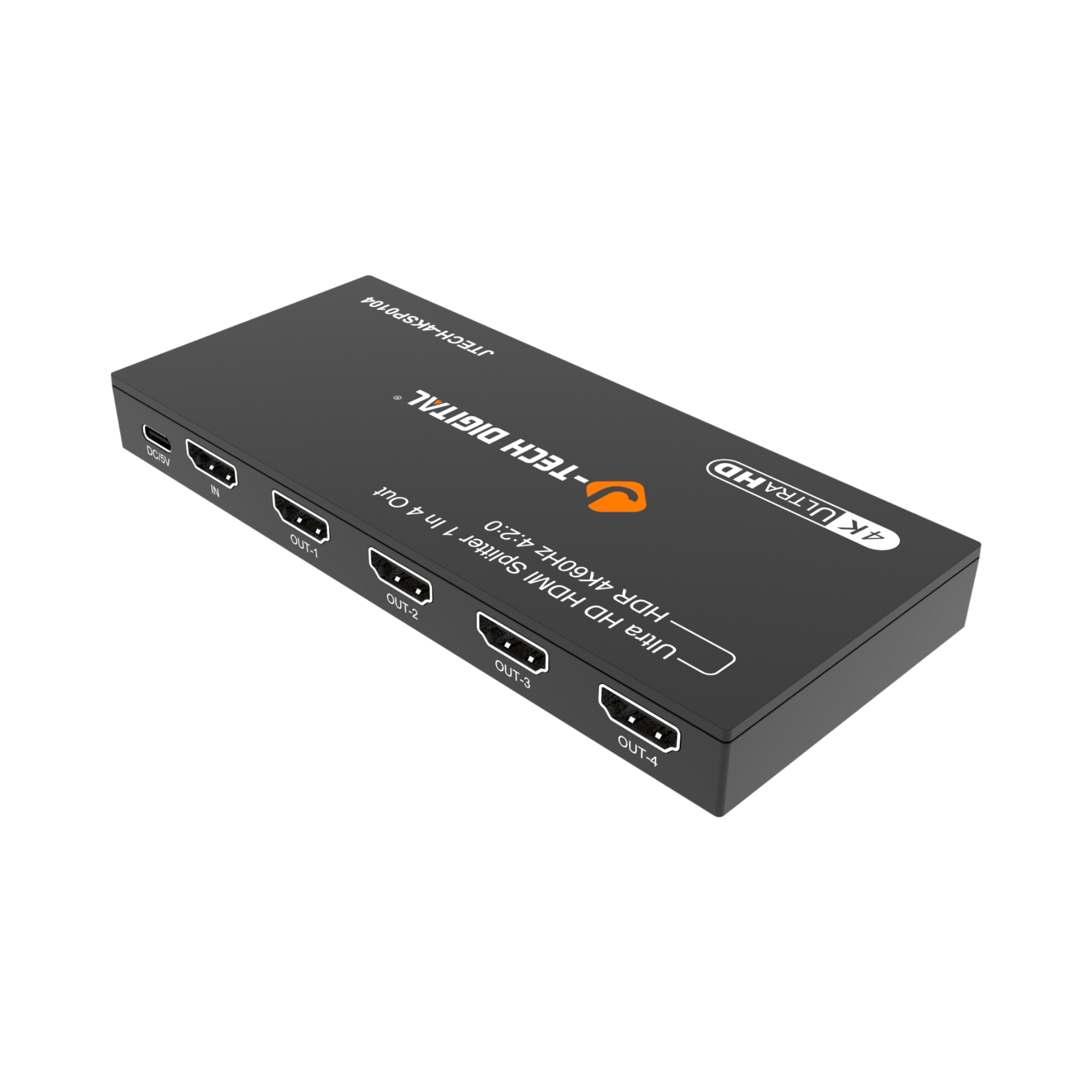 jtd-3282 1x4 4k hdmi splitter side angle showing hdmi ports