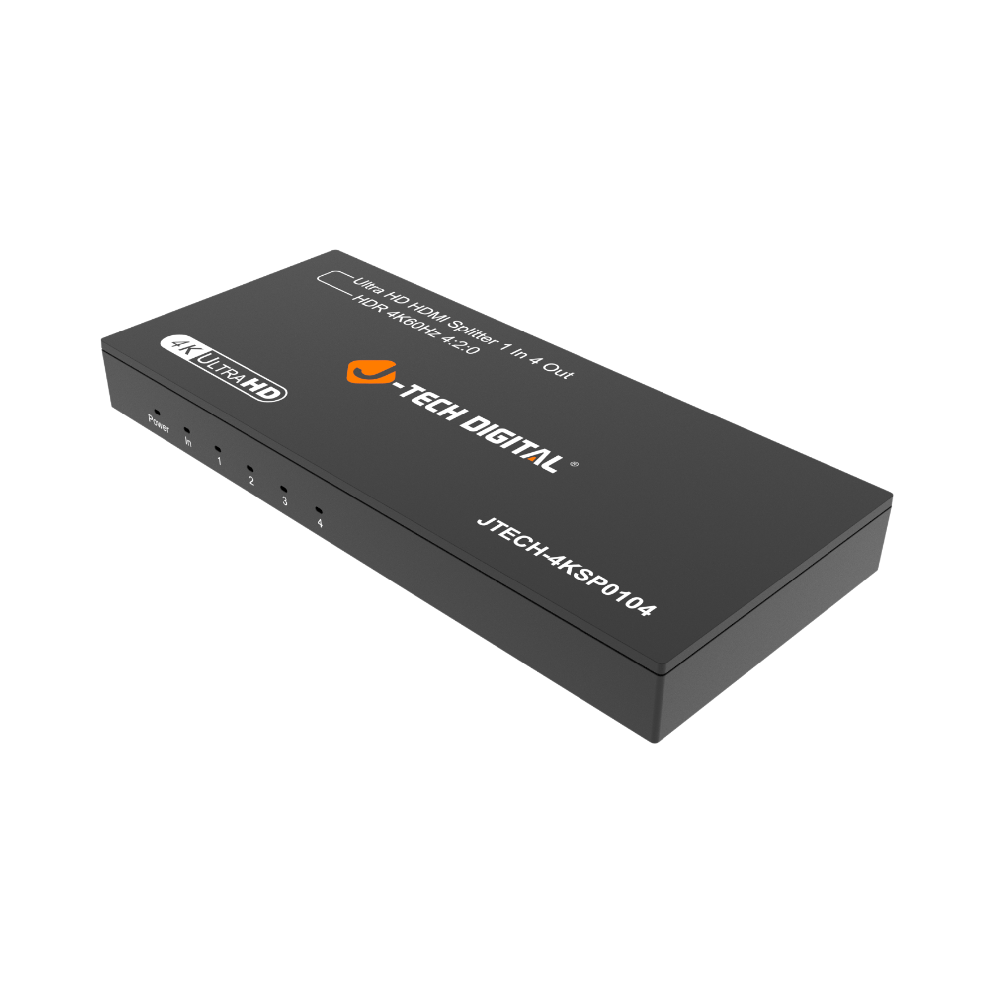 jtd-3282 1x4 4k hdmi splitter side angle showing front panel with led indicators