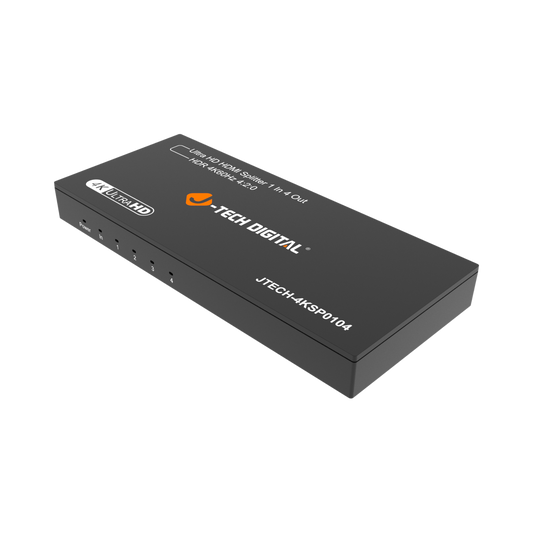 jtd-3282 1x4 4k hdmi splitter side angle showing front panel with led indicators