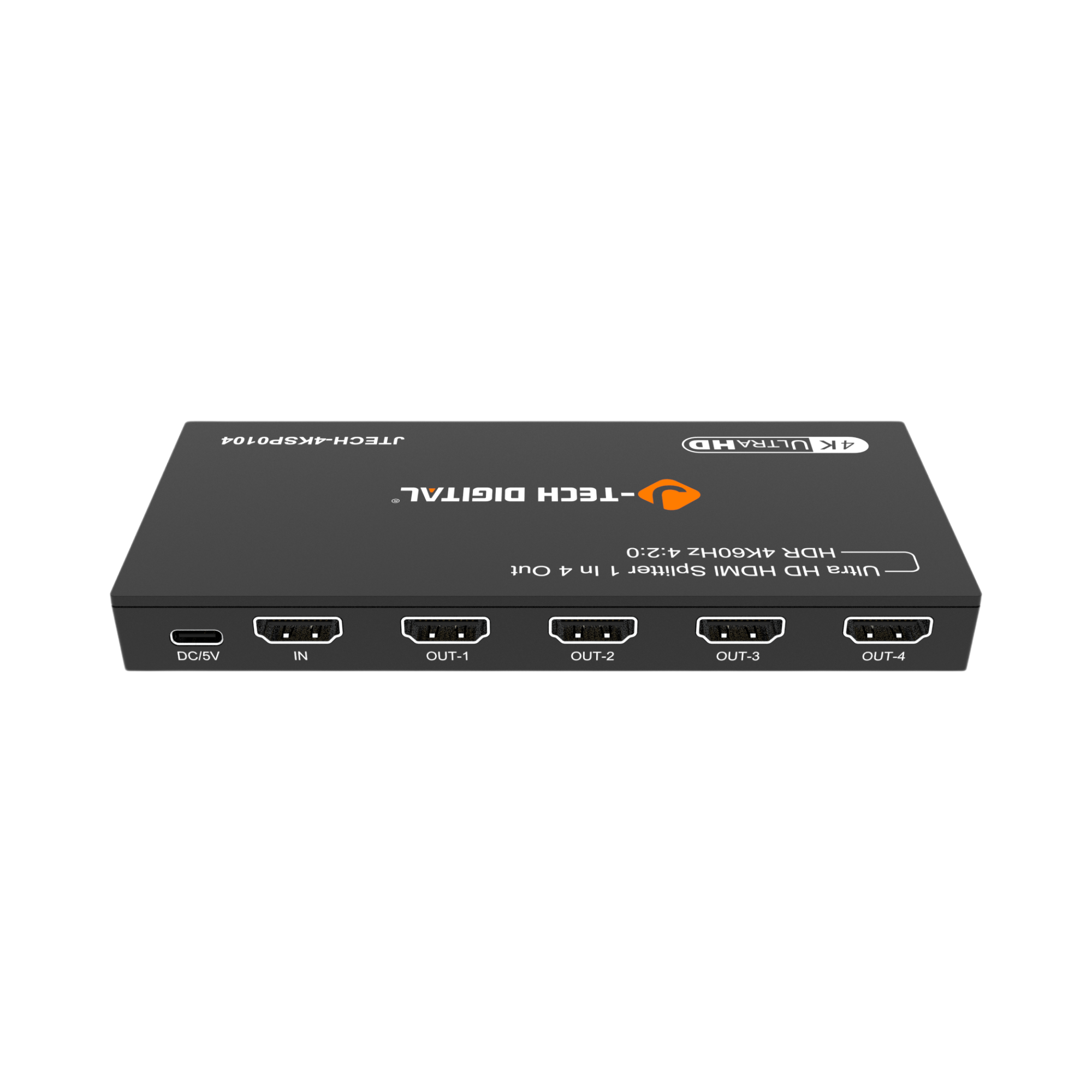 jtd-3282 1x4 4k hdmi splitter back panel showing usb-c power, 1 hdmi input and 4 hdmi output ports