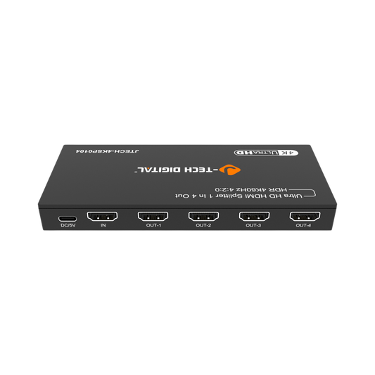jtd-3282 1x4 4k hdmi splitter back panel showing usb-c power, 1 hdmi input and 4 hdmi output ports