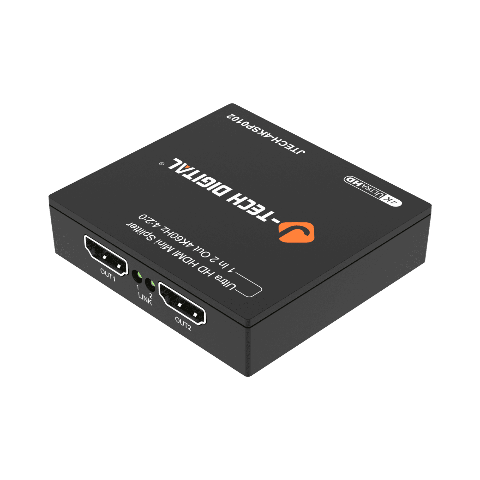 jtd-3283 1x2 4k hdmi splitter side angle showing hdmi output ports