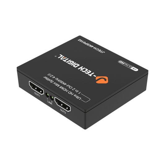 jtd-3283 1x2 4k hdmi splitter side angle showing hdmi output ports