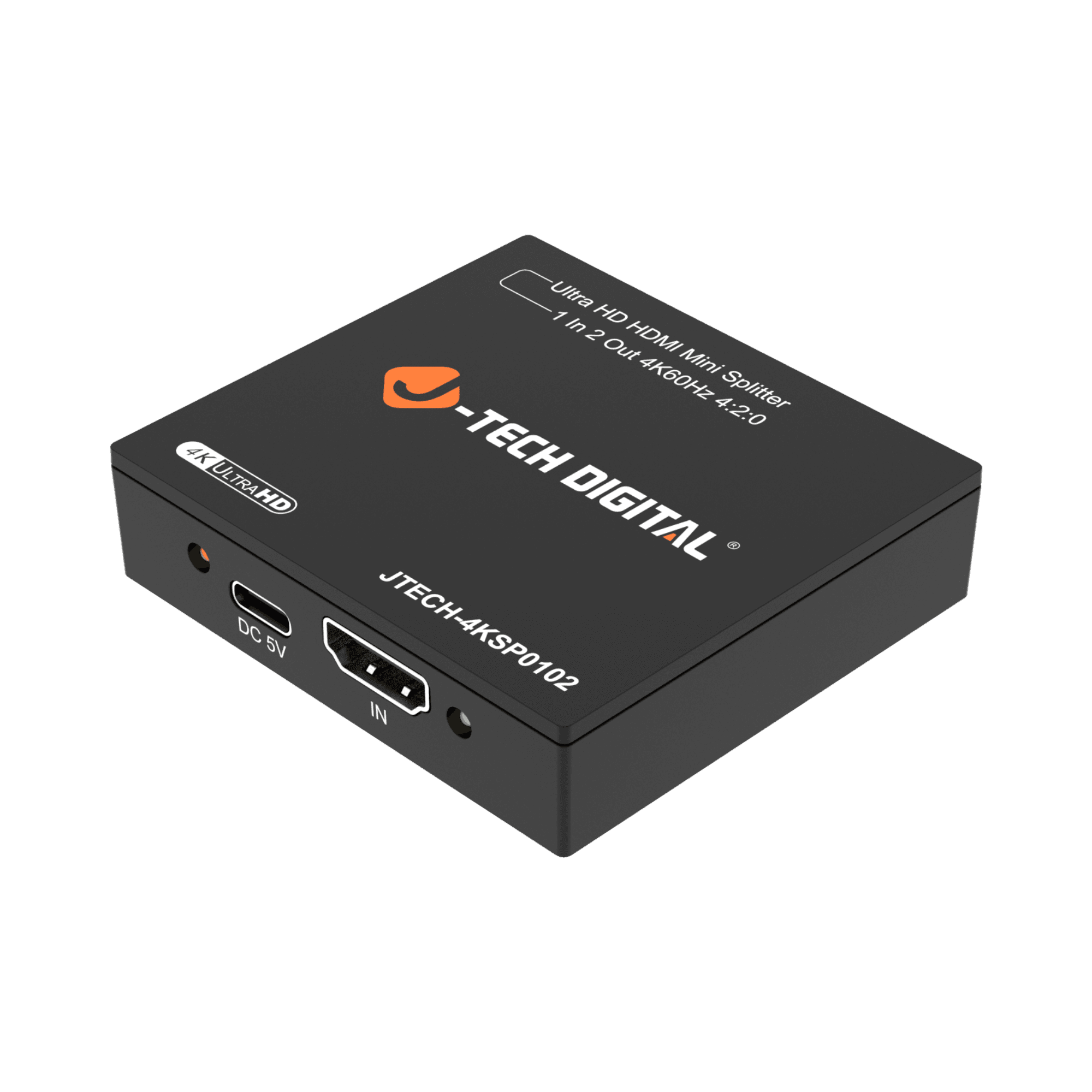 jtd-3283 1x2 4k hdmi splitter side angle showing hdmi input port