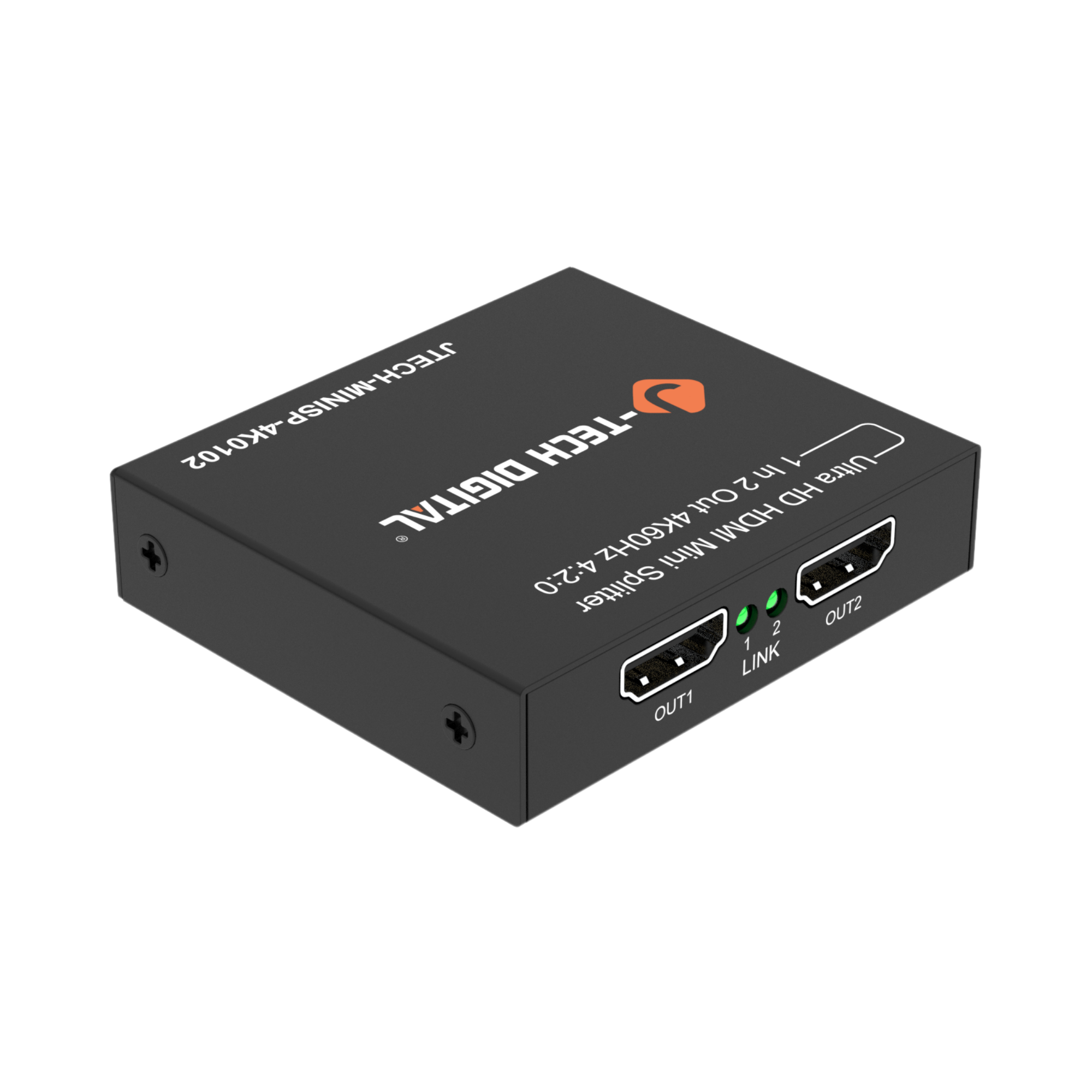 HDMI splitter device with 'JTech Digital' branding on a white background