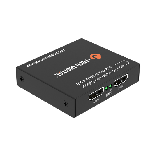 HDMI splitter device with 'JTech Digital' branding on a white background