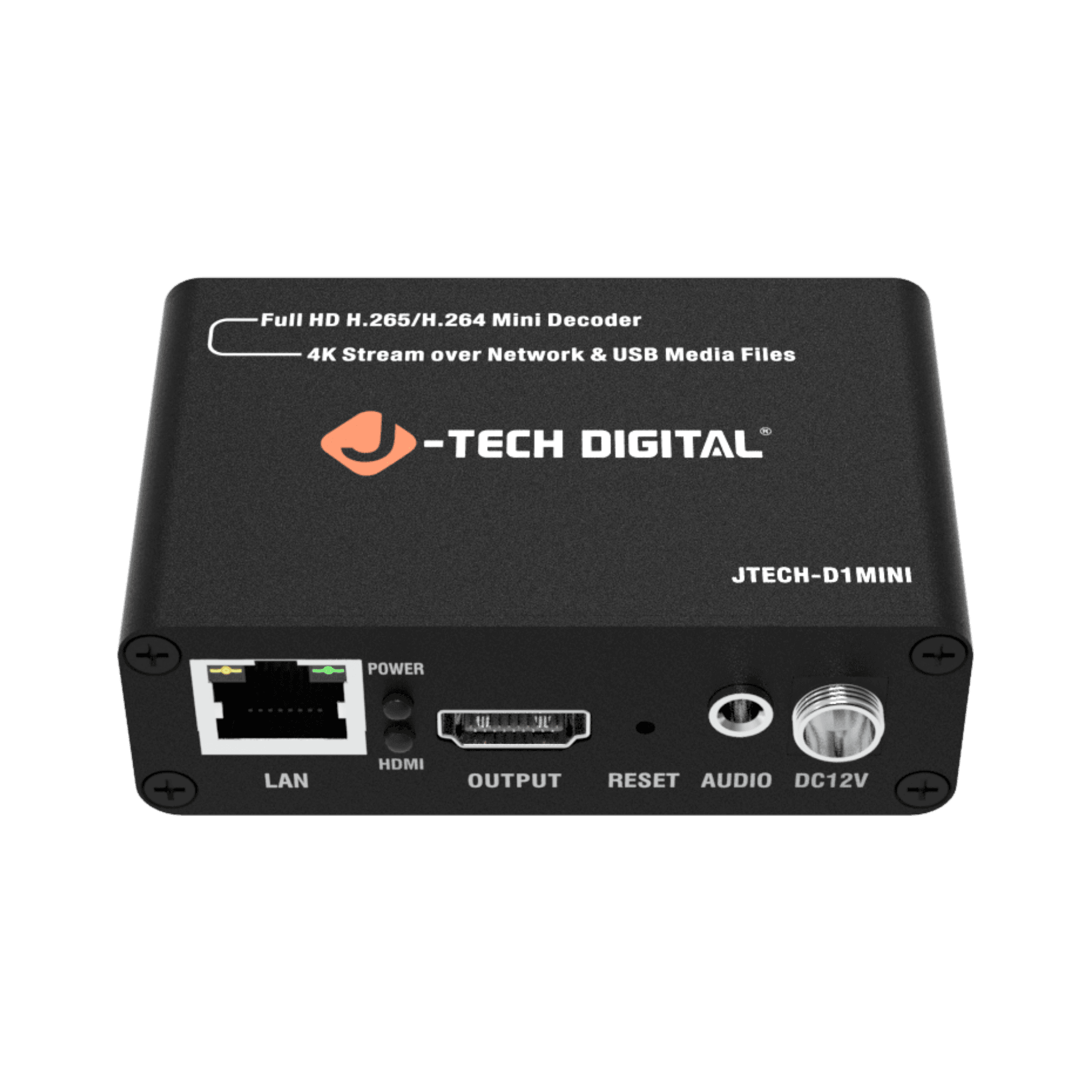 J-Tech Digital JTECH-D1MINI H.265/H.264 mini decoder with LAN, HDMI, audio and DC12V ports