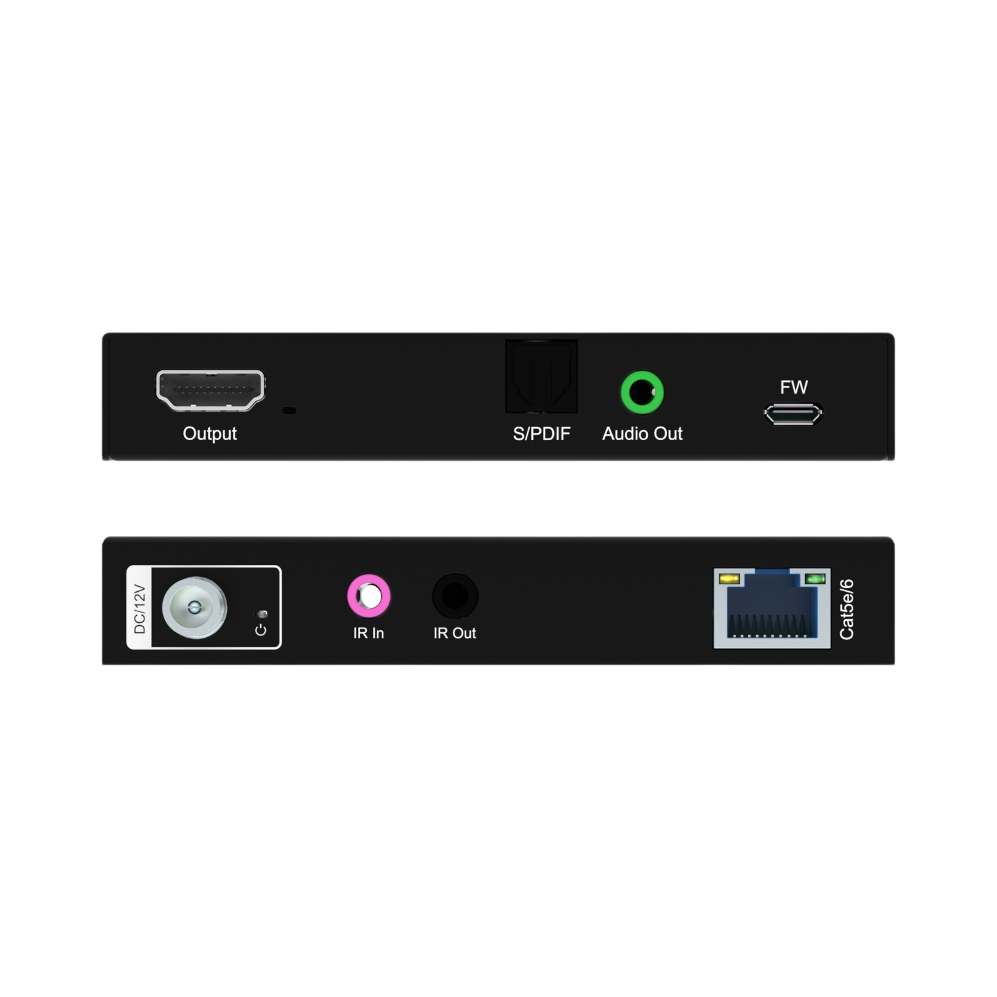 jtd-3308 4K60 HDMI Extender Splitter 1x8 196 ft with Audio Extraction receiver front and back showing hdmi audio ir and ethernet ports