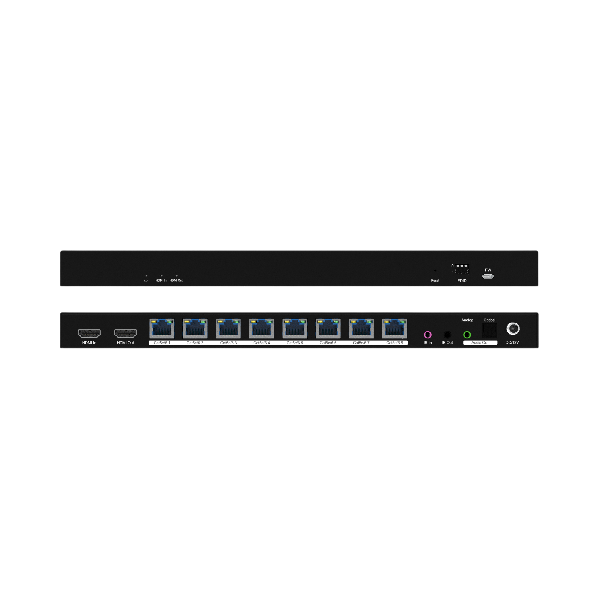 jtd-3308 4K60 HDMI Extender Splitter 1x8 196 ft with Audio Extraction transmitter front and back showing hdmi ethernet ir and audio outputs