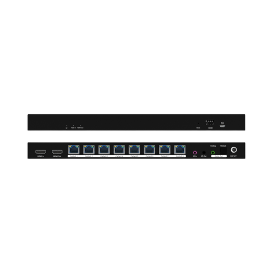 jtd-3308 4K60 HDMI Extender Splitter 1x8 196 ft with Audio Extraction transmitter front and back showing hdmi ethernet ir and audio outputs