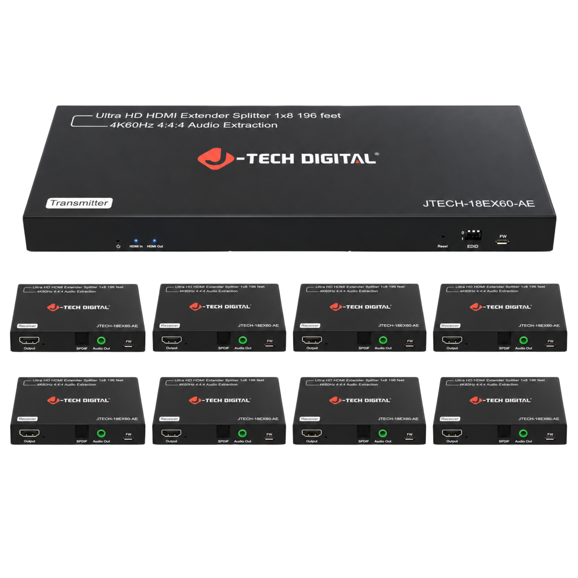 jtd-3308 4K60 HDMI Extender Splitter 1x8 196 ft with Audio Extraction transmitter and receiver set