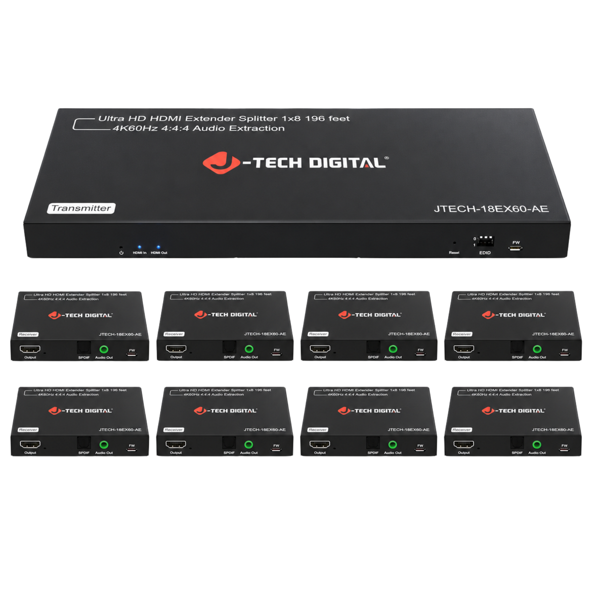 jtd-3308 4K60 HDMI Extender Splitter 1x8 196 ft with Audio Extraction transmitter and receiver set