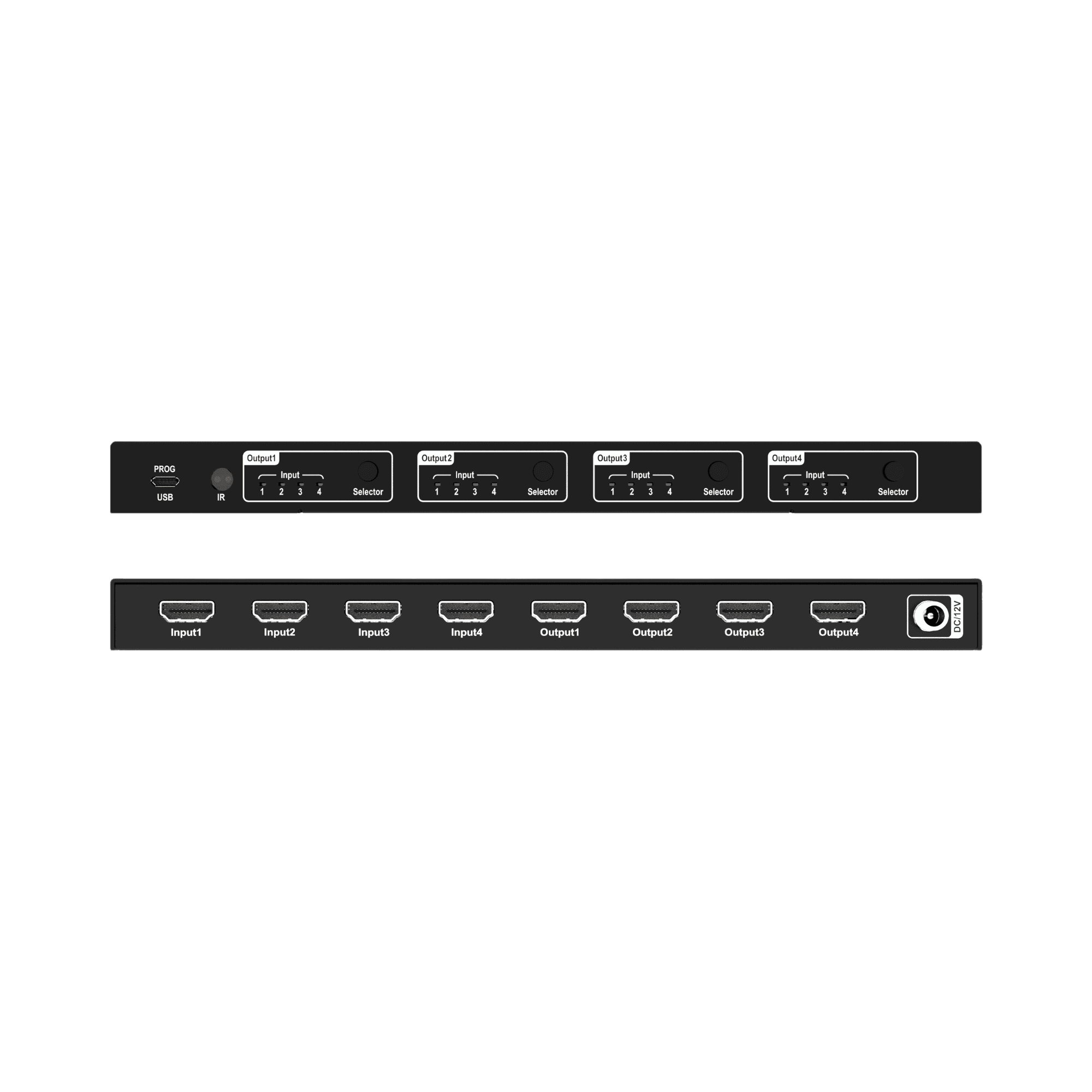 jtd-3324 4K 60Hz 4x4 HDMI Matrix Switch with 4K to 1080P Downscaling front and back panel overview showing indicators and hdmi ports