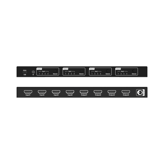 jtd-3324 4K 60Hz 4x4 HDMI Matrix Switch with 4K to 1080P Downscaling front and back panel overview showing indicators and hdmi ports