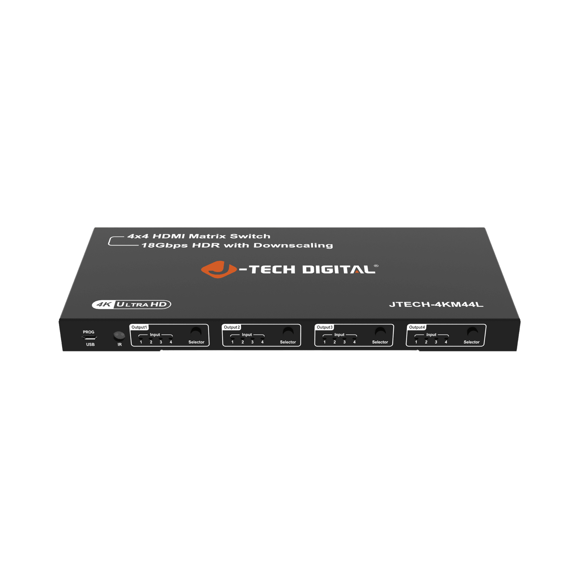 jtd-3324 4K 60Hz 4x4 HDMI Matrix Switch with 4K to 1080P Downscaling front angle showing the output indicators