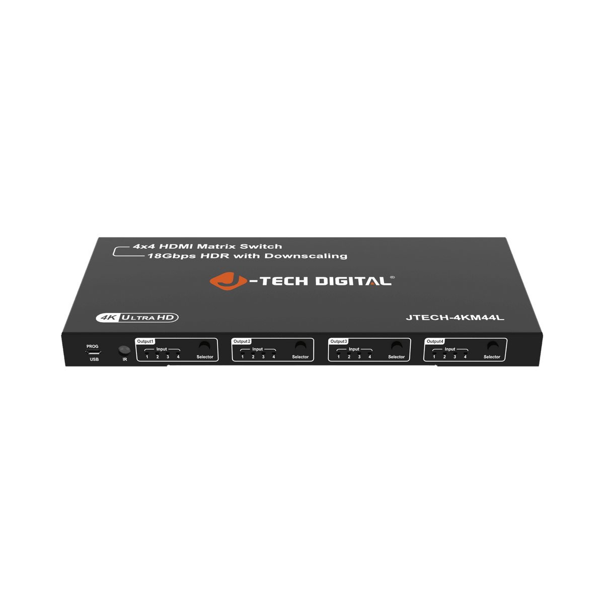 jtd-3324 4K 60Hz 4x4 HDMI Matrix Switch with 4K to 1080P Downscaling front angle showing the output indicators