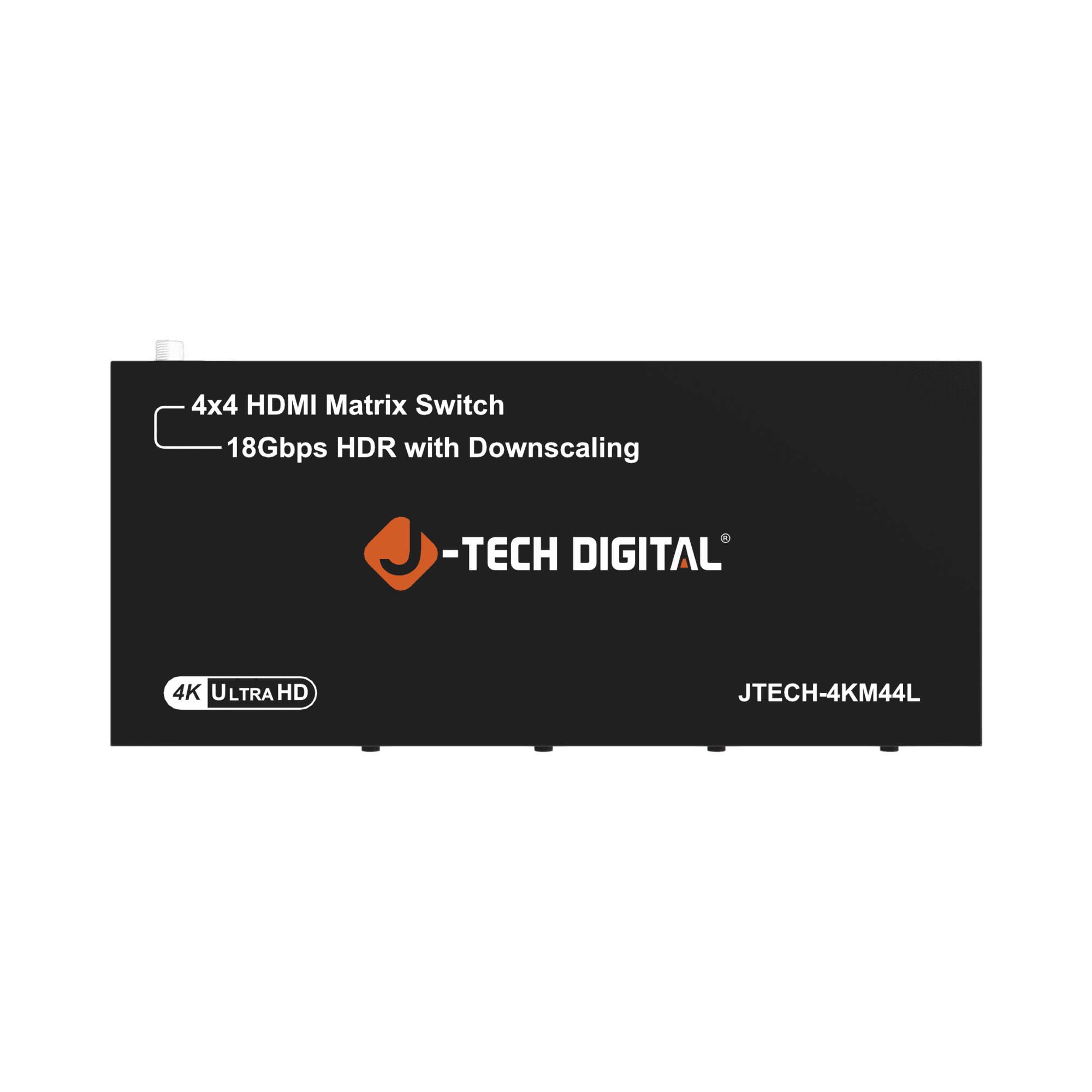 jtd-3324 4K 60Hz 4x4 HDMI Matrix Switch with 4K to 1080P Downscaling top angle showing the unit silkprint