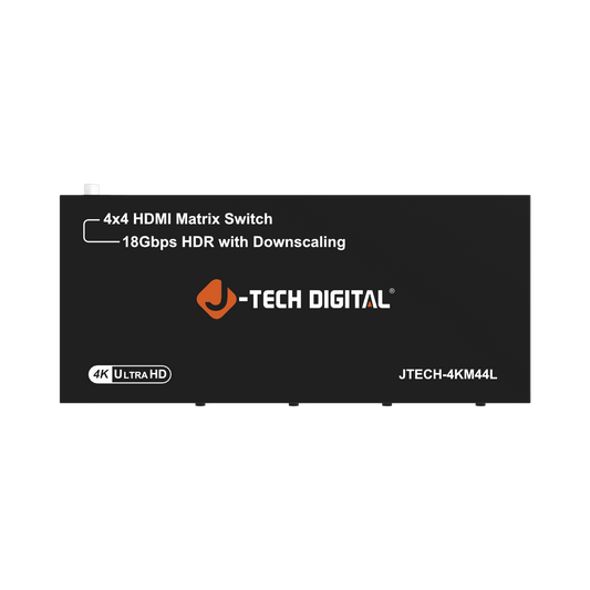 jtd-3324 4K 60Hz 4x4 HDMI Matrix Switch with 4K to 1080P Downscaling top angle showing the unit silkprint