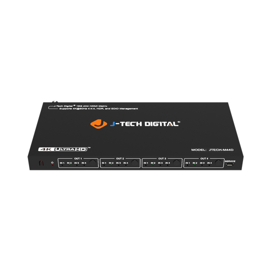Optimize your AV setup with the J-Tech Digital 4x4 HDMI matrix, supporting 4K 60Hz, HDR, and 1080p downscaling for seamless HDMI signal distribution.
