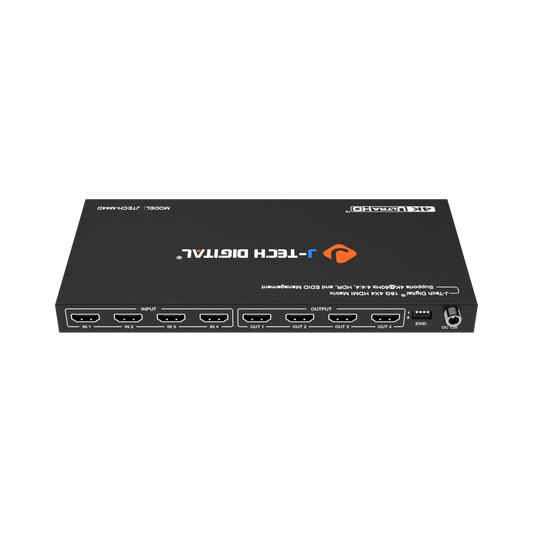 The J-Tech Digital 4x4 HDMI matrix switch offers four HDMI inputs and outputs, 4K 60Hz support, and downscaling for ultimate flexibility in AV installations.