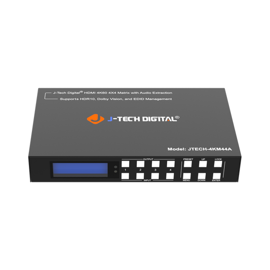 4K 60Hz 4x4 HDMI Matrix Switch with Audio De-Embedding | JTECH-4KM44A 4K 60Hz 4x4 HDMI Matrix Switch with Audio De-Embedding | JTECH-4KM44A